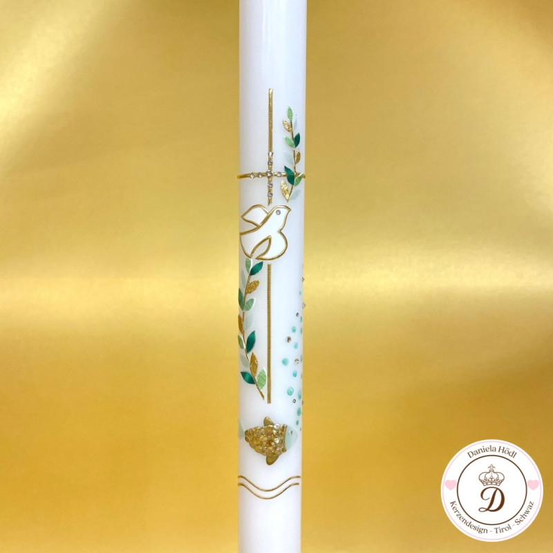 Taufkerze Himmel und Erde in den Farbtönen grün und blau